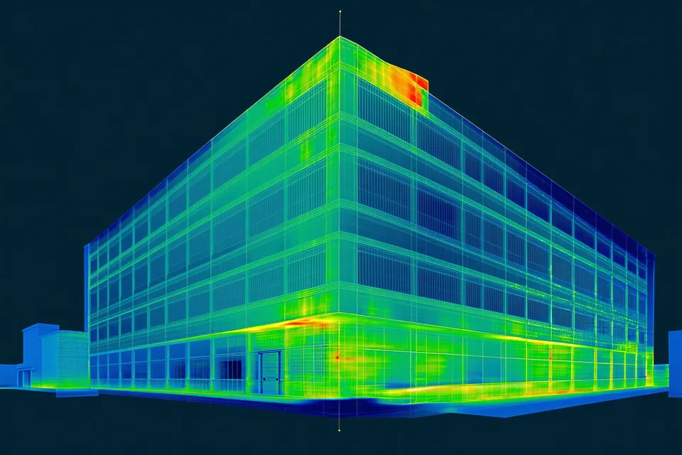 Abstract thermal imaging visualization of a commercial building showing heat gradient patterns across floor plates