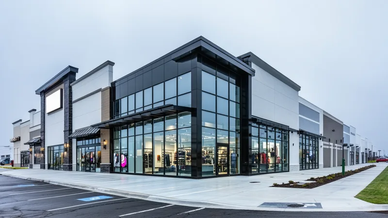 Exterior of a commercial retail building showing large glazed storefront windows