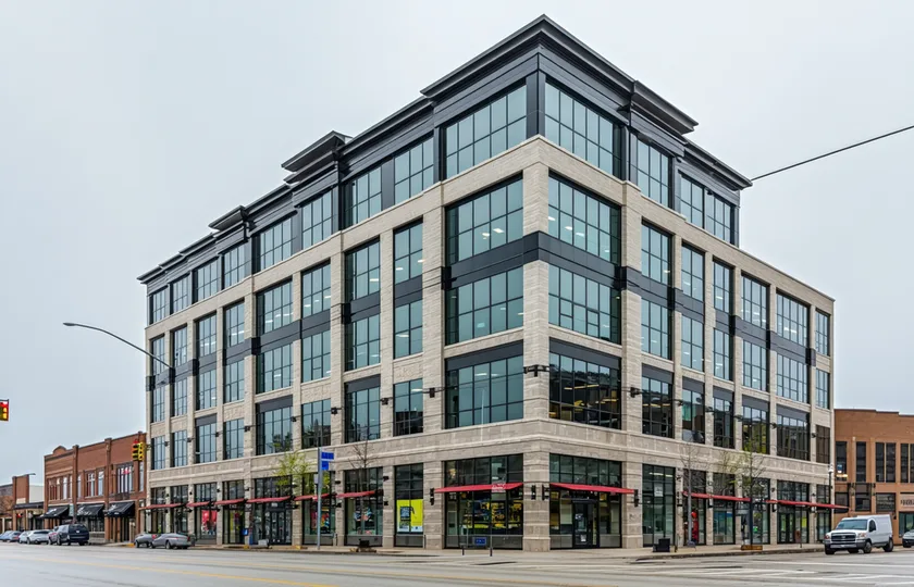 Mixed-use commercial building with retail and office floors in urban Midwest setting