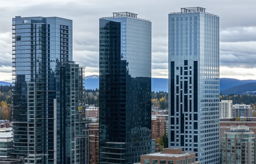 Downtown commercial office building cluster representing a managed office portfolio