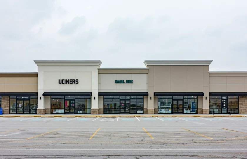 Row of commercial retail storefronts in a Midwest shopping center