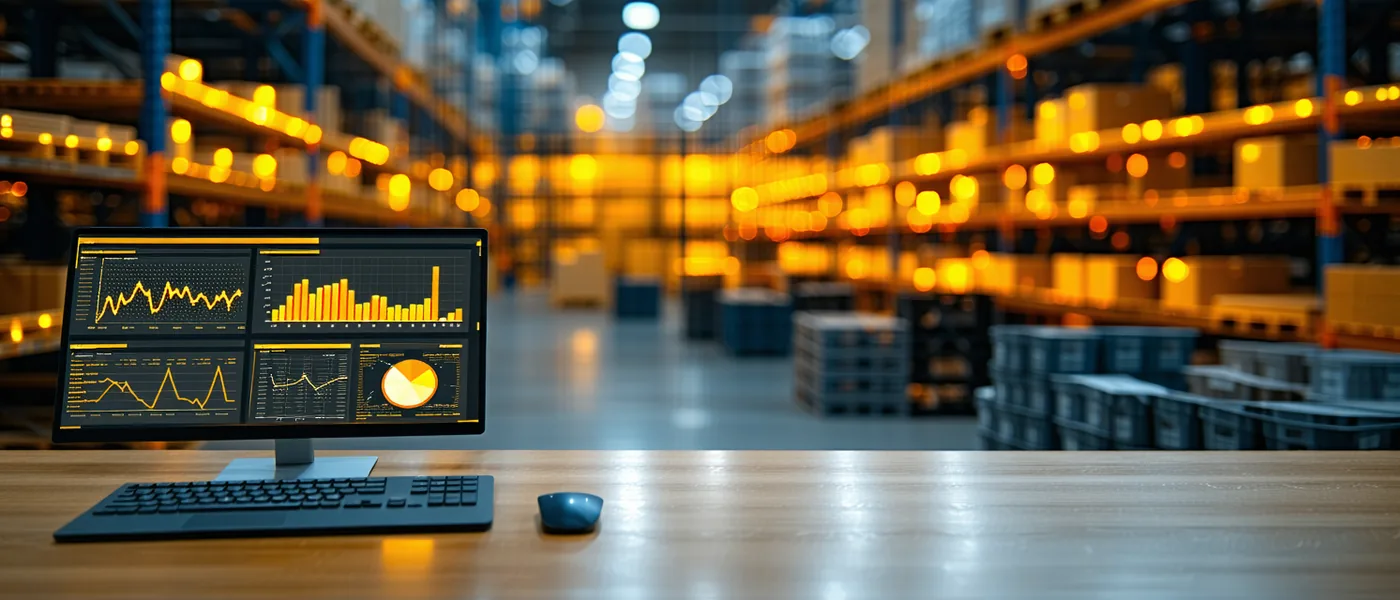 Supply chain operations environment — warehouse shelves in background, data screen glow in foreground, representing the intersection of physical CPG operations and demand analytics