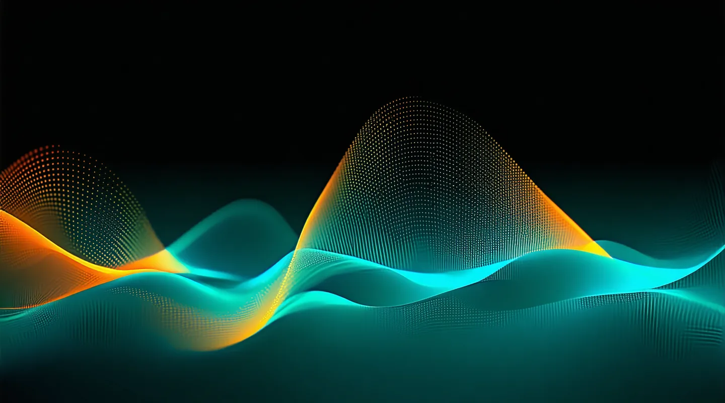 Abstract amber thermal demand curves flowing across a dark deep-slate background with faint building grid outlines