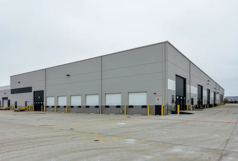 Industrial flex commercial building with loading dock and metal panel facade