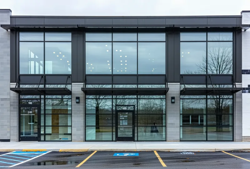 Contemporary retail strip commercial building with large glazed storefront facade