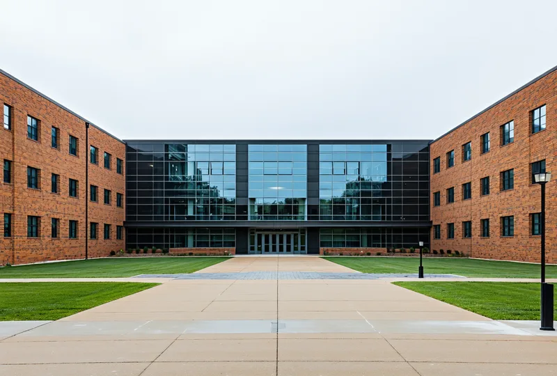 University campus academic building with modern institutional architecture and courtyard